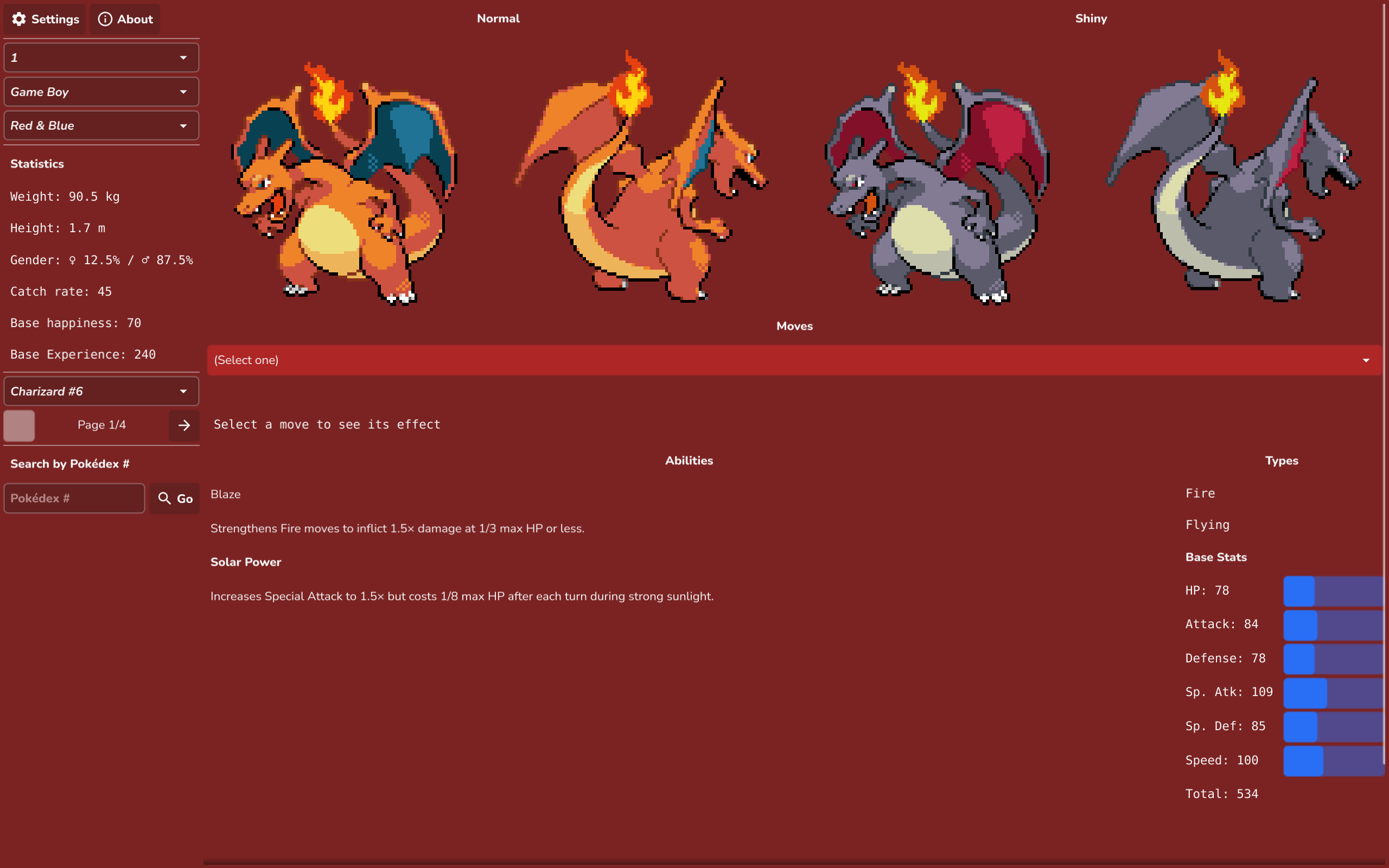 PKMViewer showing Charizard's normal and shiny sprites, base stats, types, and abilities against a red interface.